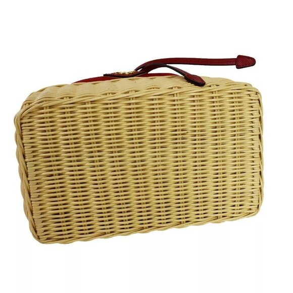 PRADA Logo Plage Wicker 2Way Shoulder Hand Bag Canvas Leather Red Gold 678RH125 - Picture 5 of 15